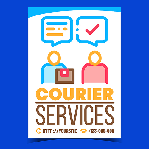 Courier Services Creative Promotion Banner Vector. Courier Delivering Order To Customer Advertising Poster. Postman Carrying Parcel To Client Concept Template Style Color Illustration