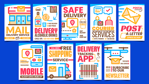 Postal Company Promotional Posters Set Vector. Mail Delivery Service Building And Courier, Postal Online Tracking App And Barcode On Advertising Banners. Concept Template Style Color Illustrations