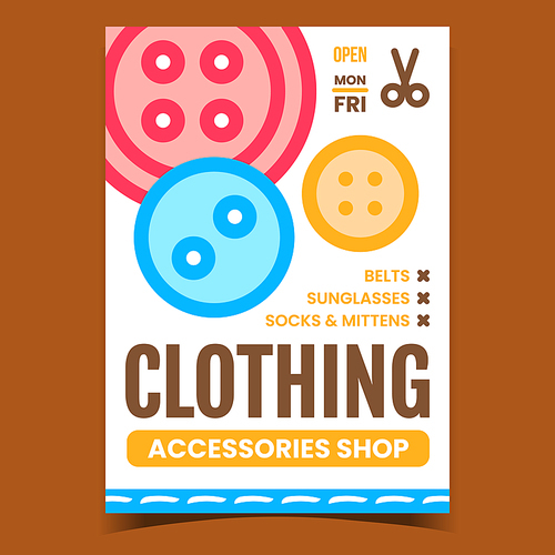 Clothing Accessories Shop Promotion Banner Vector. Belts And Sunglasses, Socks And Mittens Clothes Accessories Store On Advertising Poster. Concept Template Style Color Illustration