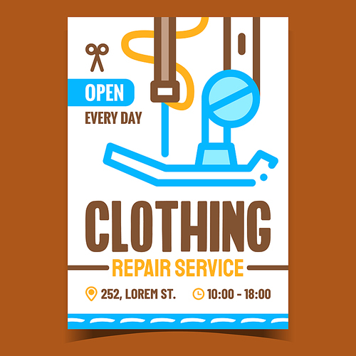Clothing Repair Service Promotion Poster Vector. Clothes Fixing Tailor Service Business, Sewing Machine Equipment Detail On Advertising Banner. Concept Template Style Color Illustration