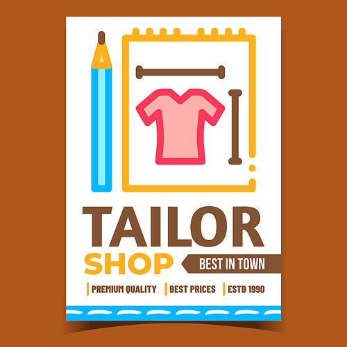 Tailor Shop Creative Advertising Banner Vector. Tailor Items Pencil And Clothes Measuring, Craft And Repair Promotion Poster. Tailoring Job Concept Template Style Color Illustration