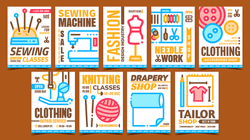 Sewing Creative Advertising Posters Set Vector. Sewing And Knitting Classes, Sewing Machine And Clothing Repair Service Promotion Banners. Concept Template Style Color Illustrations