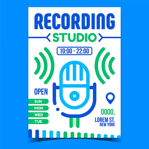 Recording Studio Creative Promotion Banner Vector. Microphone Media Device For Recording Voice Advertising Poster. Radio Gadget For Broadcasting Concept Template Style Color Illustration