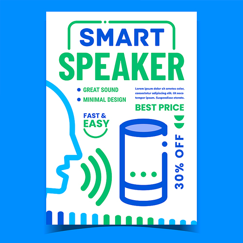 Smart Speaker Gadget Promotional Poster Vector. Human Voice Controlled Smart System Device Advertising Banner. Digital Electronic Accessory For Listen Music Concept Template Style Color Illustration