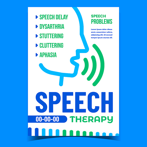 Speech Therapy And Problem Promo Poster Vector. Speech Delay And Dysarthria, Stuttering, Cluttering And Aphasia, Speaking Disease Advertising Banner. Concept Template Style Color Illustration