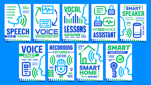 Voice Command Control Promo Posters Set Vector. Voice Recognition And Assistant, Voice Chat And Speech Therapy, Smart Home Security System Advertise Banners. Concept Template Style Color Illustrations