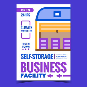 Self-storage Facility Business Promo Poster Vector. Climate Controlled Warehouse Building, Storage Business Advertising Banner. Garage With Metal Doors Concept Template Style Color Illustration