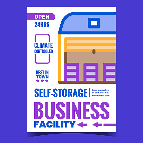 Self-storage Facility Business Promo Poster Vector. Climate Controlled Warehouse Building, Storage Business Advertising Banner. Garage With Metal Doors Concept Template Style Color Illustration