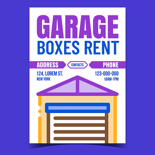 Garage Boxes Rent Creative Promotion Banner Vector. Garage Building With Metal Doors, Rental Business Advertising Poster. Construction For Storaging Concept Template Style Color Illustration