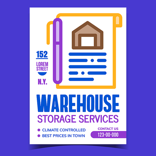Warehouse Storage Services Promotion Poster Vector. Agreement And Pen For Signature For Rent Climate Controlled Warehouse Advertising Banner. Rental Contract Concept Template Style Color Illustration