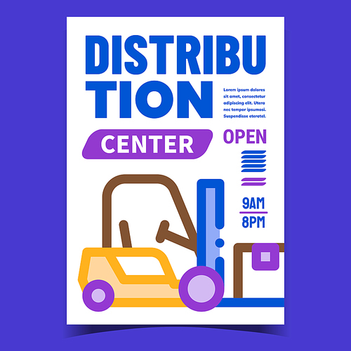 Distribution Center Creative Promo Banner Vector. Distribution Business, Forklift Vehicle On Advertising Poster. Warehouse Machine Lifting Boxes Equipment Concept Template Style Color Illustration