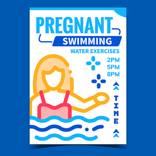 Pregnant Swimming Creative Promo Poster Vector. Pregnant Water Exercises, Pregnancy Woman On Advertising Banner. Training And Active Sport Time Concept Template Style Color Illustration