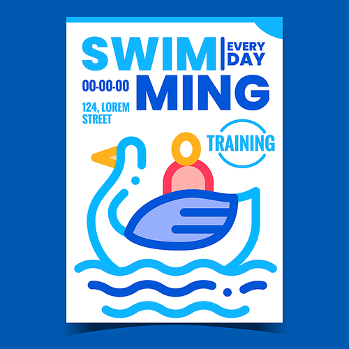 Swimming Waterpool Creative Promo Poster Vector. Swimming Attraction, Human Visitor Floating In Boat Swan Shape Advertising Banner. Happy Time In Water Pool Concept Template Style Color Illustration