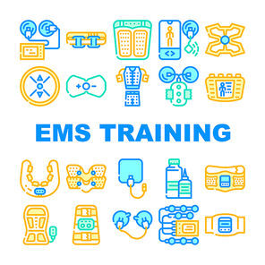 Ems Training Device Collection Icons Set Vector. Stimulator With Strap And Suction Cups, Massager For Feet And Stimulant For Press Ems Training Concept Linear Pictograms. Contour Color Illustrations