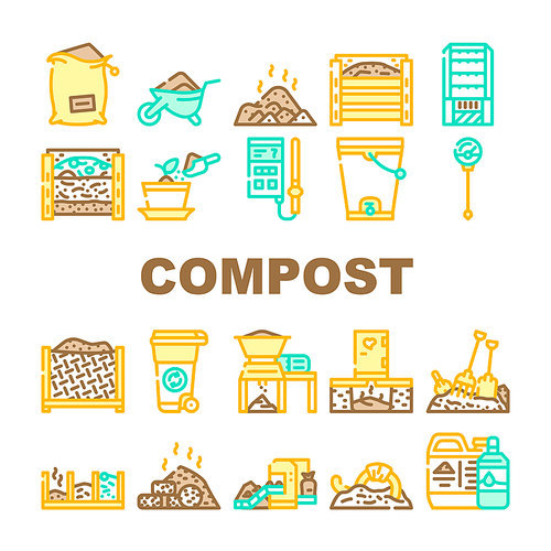 Compost Production Collection Icons Set Vector. Worms In Compost And Potted Plant, Industrial And Household Waste Shredder, Bag And Container Concept Linear Pictograms. Contour Color Illustrations