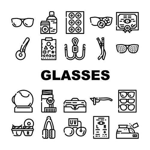 Eye Glasses And Lens Collection Icons Set Vector. Glasses Different Frames And Sponges For Cleaning, Recipe For Buy Treatment Device Contour Illustrations