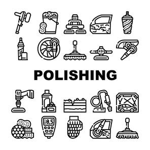 Car Polishing Tool Collection Icons Set Vector. Screwdriver With Different Attachment And Sponges For Car Polishing Body Details And Glass Contour Illustrations