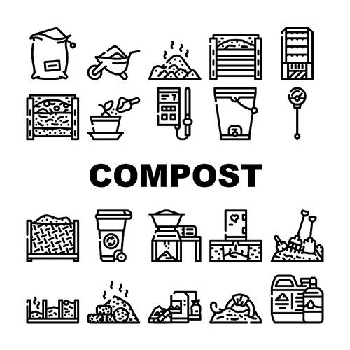 Compost Production Collection Icons Set Vector. Worms In Compost And Potted Plant, Industrial And Household Waste Shredder, Bag And Container Contour Illustrations