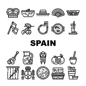 Spain Nation Heritage Collection Icons Set Vector. Gazpacho, Omelet And Paella Spain Dish, King Crown And Spanish Flag, Stadium And Bullfighting Contour Illustrations