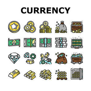 Currency Video Games Collection Icons Set Vector. Playing Money Banknotes And Coin Steak, Gambling Gaming Smartphone Application Concept Linear Pictograms. Contour Color Illustrations