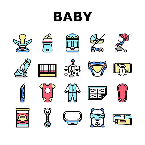 Baby Shop Selling Tool Collection Icons Set Vector. Baby Diaper And Sterilizer Bottles Device, Newborn Educational Toy And Carousel Per Crib. Concept Linear Pictograms. Contour Color Illustrations