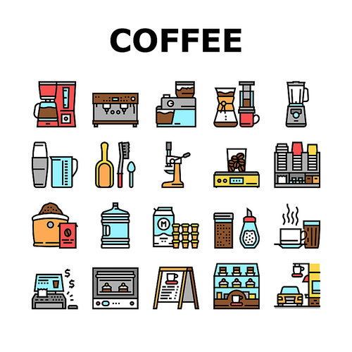 Coffee Shop Equipment Collection Icons Set Vector. Coffee Cafe Device For Prepare Delicious Energy Drink And Pastry Dessert, Milk And Cream Concept Linear Pictograms. Contour Color Illustrations