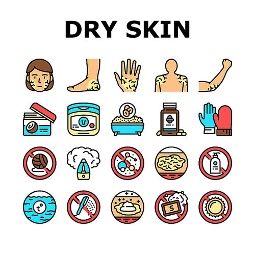 Dry Skin Treatment Collection Icons Set Vector. Elbow, Face And Hand Dry Skin Treat Cream And Lotion, Bacterial Soap And Oatmeal Bath Concept Linear Pictograms. Contour Color Illustrations