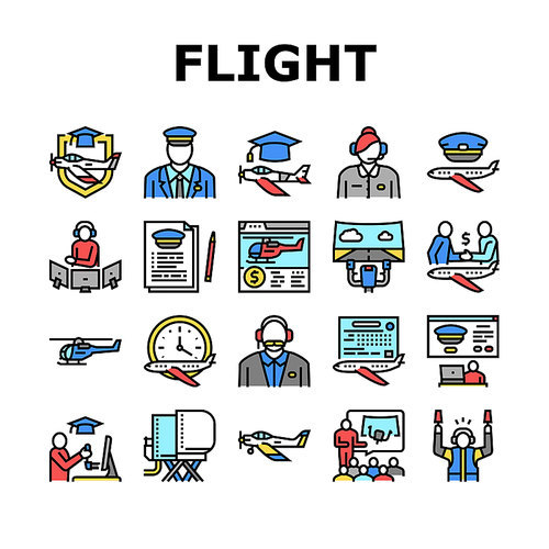 Flight School Educate Collection Icons Set Vector. Flight Courses Education For Prepare Pilot And Air Navigator, Dispatcher And Steward Concept Linear Pictograms. Contour Color Illustrations
