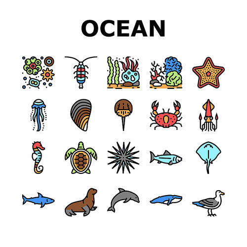 Ocean Underwater Life Collection Icons Set Vector. Ocean Fish And Star, Jellyfish And Turtle, Crab And Skate, Mussels And Phytoplankton Concept Linear Pictograms. Contour Color Illustrations