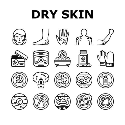 Dry Skin Treatment Collection Icons Set Vector. Elbow, Face And Hand Dry Skin Treat Cream And Lotion, Bacterial Soap And Oatmeal Bath Black Contour Illustrations