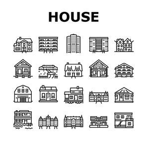 House Constructions Collection Icons Set Vector. Townhome House And Mobile Home, Villa And Palace Building, Apartment And Residence Black Contour Illustrations