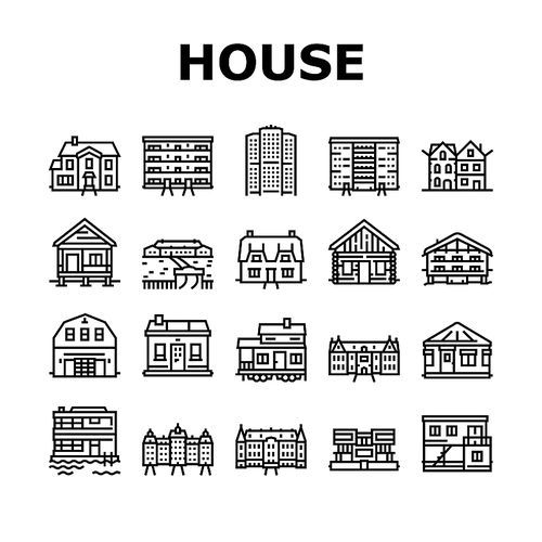 House Constructions Collection Icons Set Vector. Townhome House And Mobile Home, Villa And Palace Building, Apartment And Residence Black Contour Illustrations
