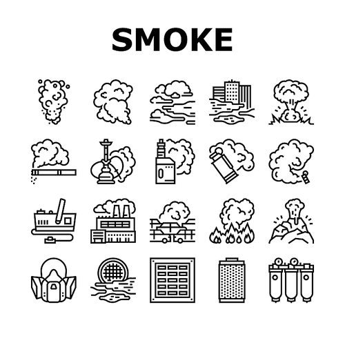 Smoke And Fog Steam Collection Icons Set Vector. Transport Car And Urban, Vape And Tobacco Smoke, Air Purification System And Filter Black Contour Illustrations