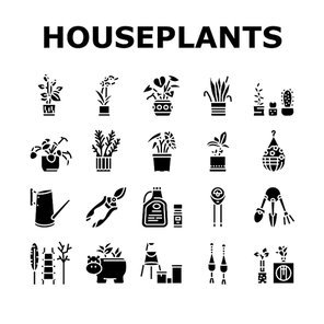 Houseplant Store Sale Collection Icons Set Vector. Potting Houseplant And Cactus, Leaves Tree And Flower, Secateur Tool And Shovel Glyph Pictograms Black Illustrations