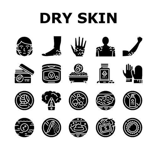 Dry Skin Treatment Collection Icons Set Vector. Elbow, Face And Hand Dry Skin Treat Cream And Lotion, Bacterial Soap And Oatmeal Bath Glyph Pictograms Black Illustrations