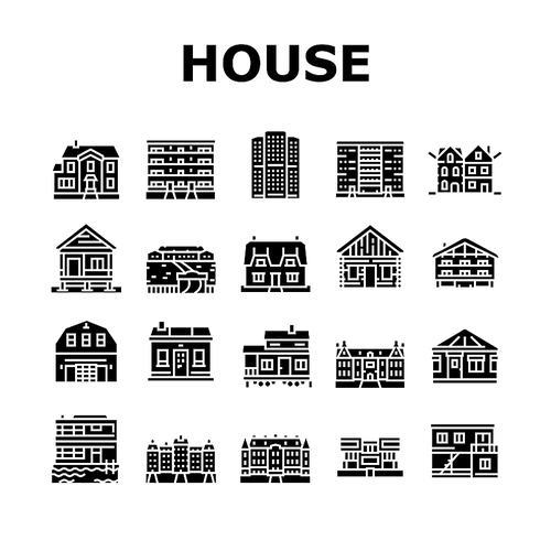 House Constructions Collection Icons Set Vector. Townhome House And Mobile Home, Villa And Palace Building, Apartment And Residence Glyph Pictograms Black Illustrations