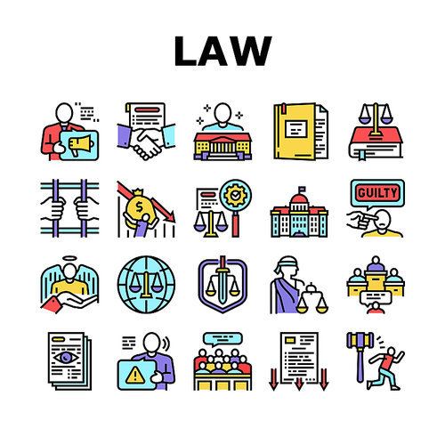 Law Notary Advising Collection Icons Set Vector. Law Advisor And Agreement, Government Building, Court And Tribunal, Constitution And Crime Concept Linear Pictograms. Contour Color Illustrations