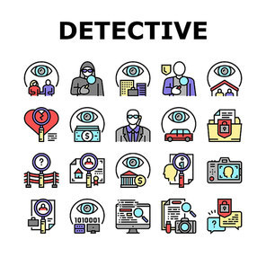 Private Detective Collection Icons Set Vector. Detective Job For Protection Of Intellectual Property And Information, Money And Vehicle Tracking Concept Linear Pictograms. Contour Color Illustrations