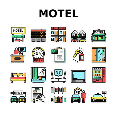 Motel Comfort Service Collection Icons Set Vector. Motel Building And Houses, Hotel Room With Bed And Wardrobe, Wifi Internet And Tv Concept Linear Pictograms. Contour Color Illustrations