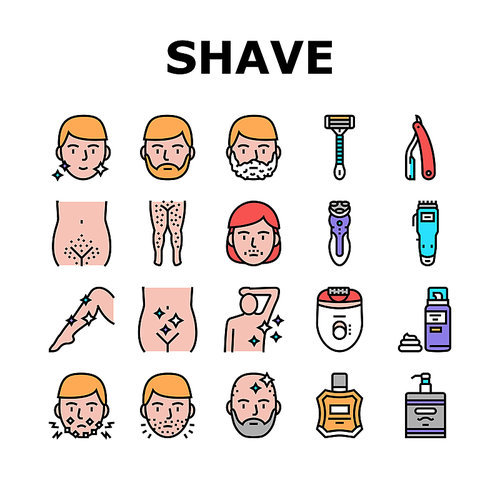 Shave Treat Accessory Collection Icons Set Vector. Razor For Shave Mustache And Beard, Epilator Device And Lotion For Shaving Leg Hair Concept Linear Pictograms. Contour Color Illustrations