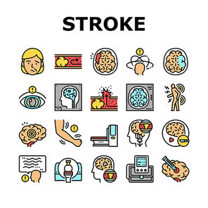 Stroke Health Problem Collection Icons Set Vector. Surgical Operation Brain Stroke Treat And Injection, Dizziness Disease And Vessel Congestion Concept Linear Pictograms. Contour Color Illustrations