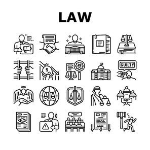Law Notary Advising Collection Icons Set Vector. Law Advisor And Agreement, Government Building, Court And Tribunal, Constitution And Crime Black Contour Illustrations