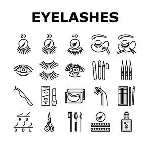 Eyelashes Extension Collection Icons Set Vector. Applying And Correction Eyelashes, Patches And Tweezers, Brushes And Scissors Black Contour Illustrations