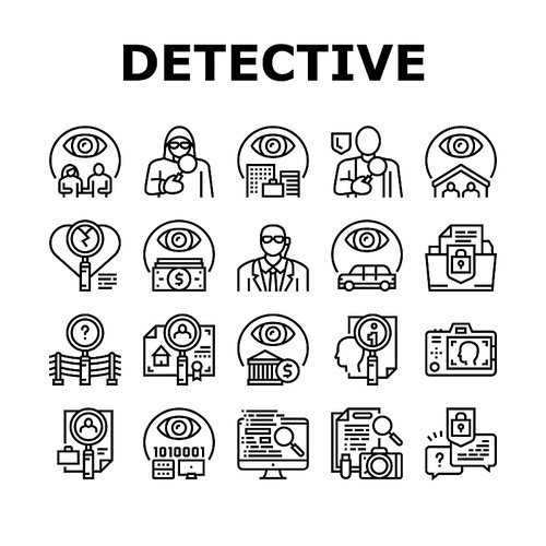 Private Detective Collection Icons Set Vector. Detective Job For Protection Of Intellectual Property And Information, Money And Vehicle Tracking Black Contour Illustrations