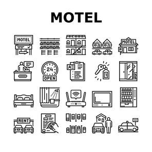 Motel Comfort Service Collection Icons Set Vector. Motel Building And Houses, Hotel Room With Bed And Wardrobe, Wifi Internet And Tv Black Contour Illustrations