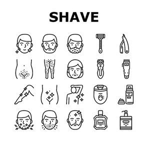 Shave Treat Accessory Collection Icons Set Vector. Razor For Shave Mustache And Beard, Epilator Device And Lotion For Shaving Leg Hair Black Contour Illustrations