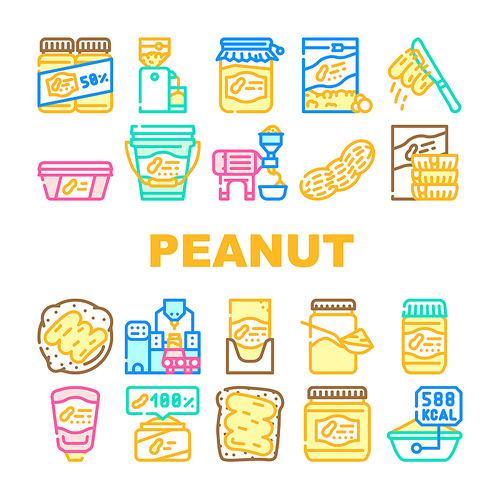 Peanut Butter Food Collection Icons Set Vector. Peanut Butter On Bread And Knife, Nut Homemade Natural Dessert And Factory Production Concept Linear Pictograms. Contour Color Illustrations