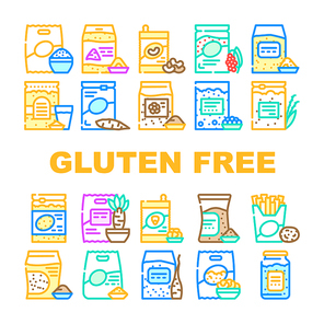 Gluten Free Products Collection Icons Set Vector. Gluten Free Rice And Quinoa Porridge Food, Beans And Chia And Tapioca, Oats And Milk Drink Concept Linear Pictograms. Contour Color Illustrations