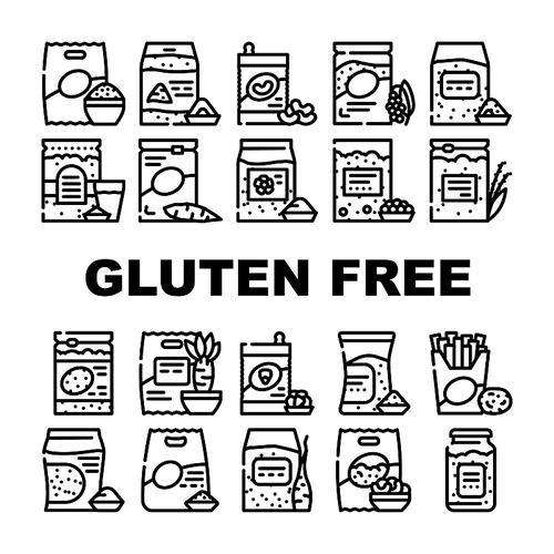 Gluten Free Products Collection Icons Set Vector. Gluten Free Rice And Quinoa Porridge Food, Beans And Chia And Tapioca, Oats And Milk Drink Contour Illustrations