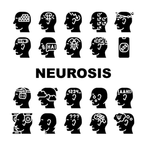 Neurosis Brain Problem Collection Icons Set Vector. Patient Neurosis And Disorder, Persecution Mania And Panic, Confused And Disorientation Glyph Pictograms Black Illustrations